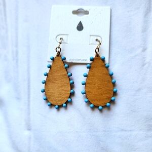 Wooden Teardrop Earrings with Blue beading Accents.